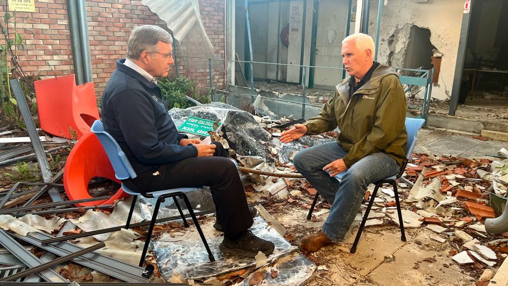 Former VP Mike Pence in an exclusive interview with CBN News at a children&#039;s center at Barzilai Hospital in Ashkelon, Israel that was struck by a Hamas rocket.