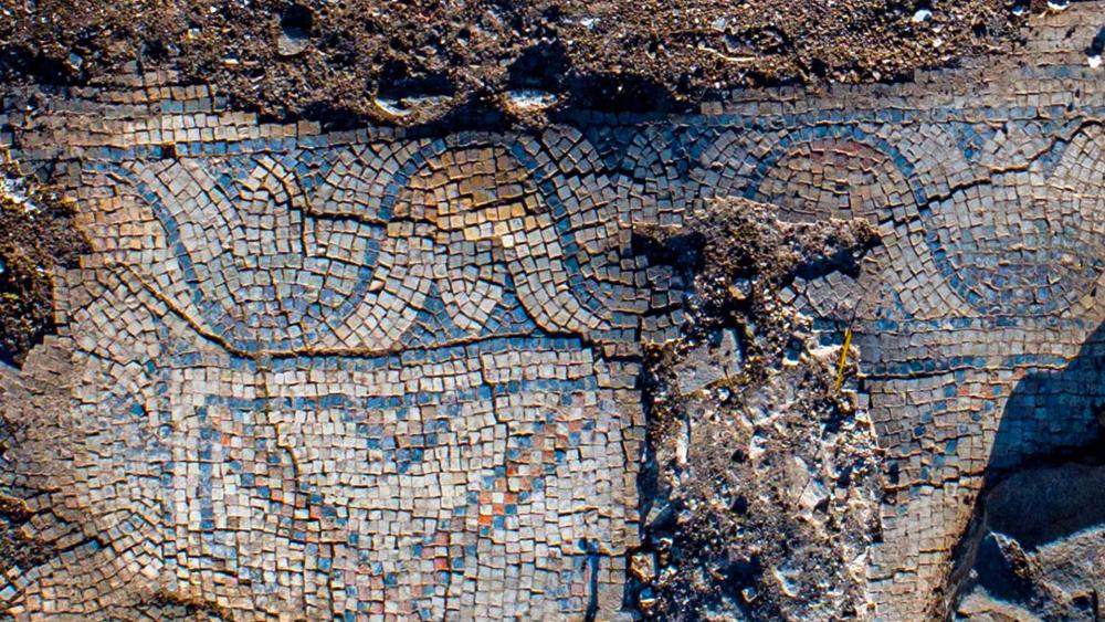 Mosaic floor of the ancient church. Photography: Alex Wiegmann, Israel Antiquities Authority