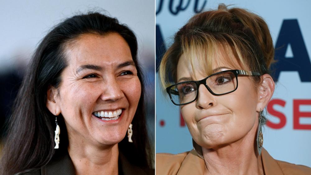 Democrat Mary Peltola (Marc Lester/Anchorage Daily News via AP) &amp; Republican Sarah Palin (Bill Roth/Anchorage Daily News via AP)