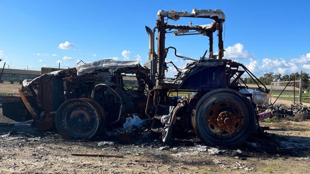 A farmer&#039;s tractor torched by Hamas during the Oct. 7 attack. Photo Credit: CBN News. 